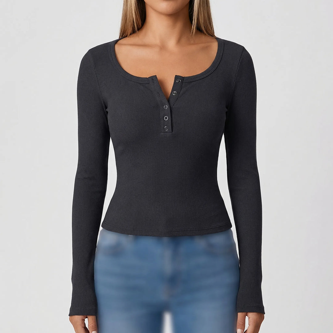 Riblyne - Ribbed Long Sleeve Henley Top