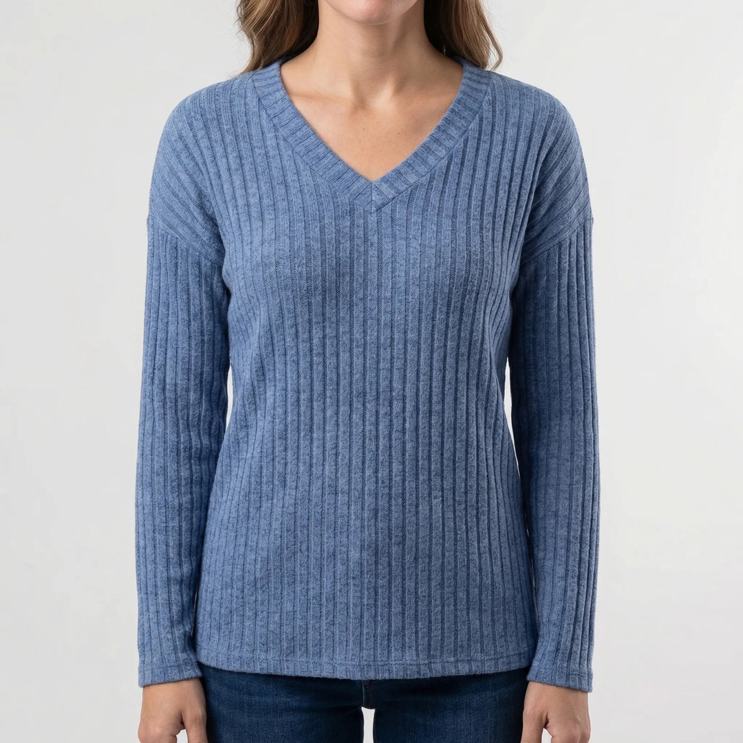Ribvera - V-Neck Ribbed Long Sleeve Top