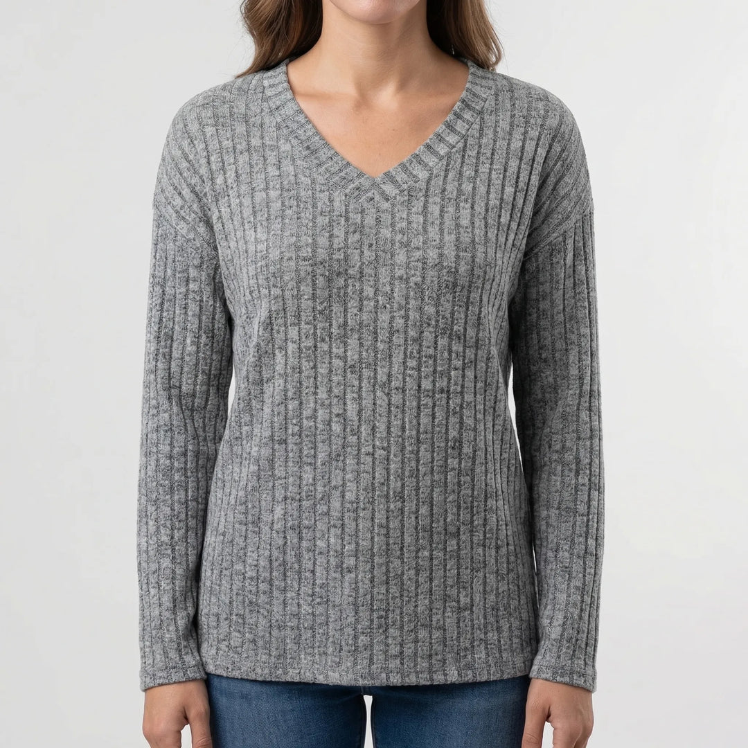 Ribvera - V-Neck Ribbed Long Sleeve Top