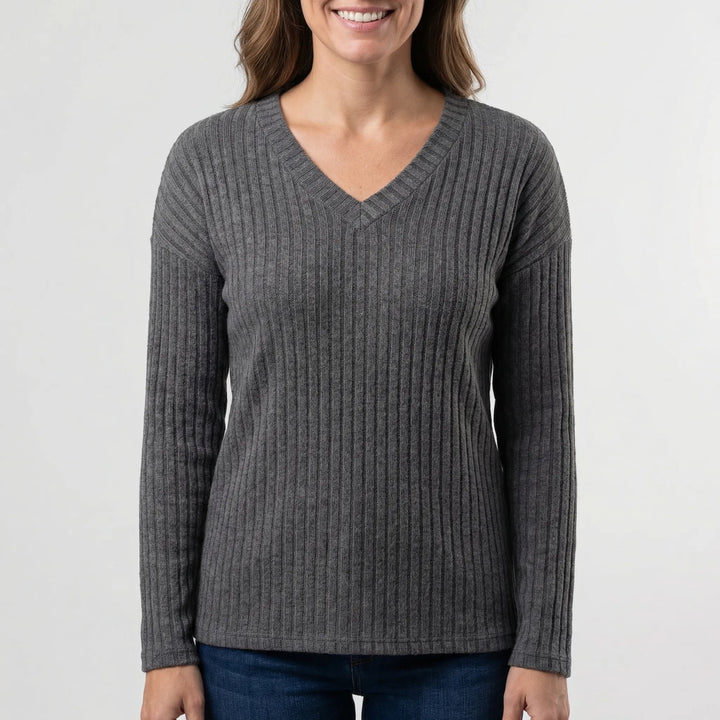 Ribvera - V-Neck Ribbed Long Sleeve Top