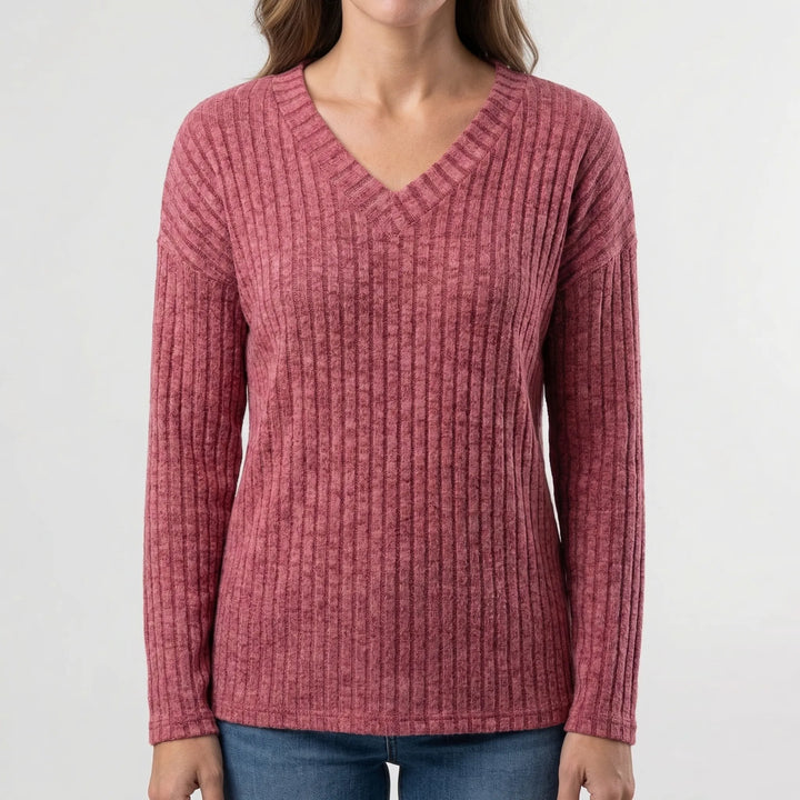 Ribvera - V-Neck Ribbed Long Sleeve Top