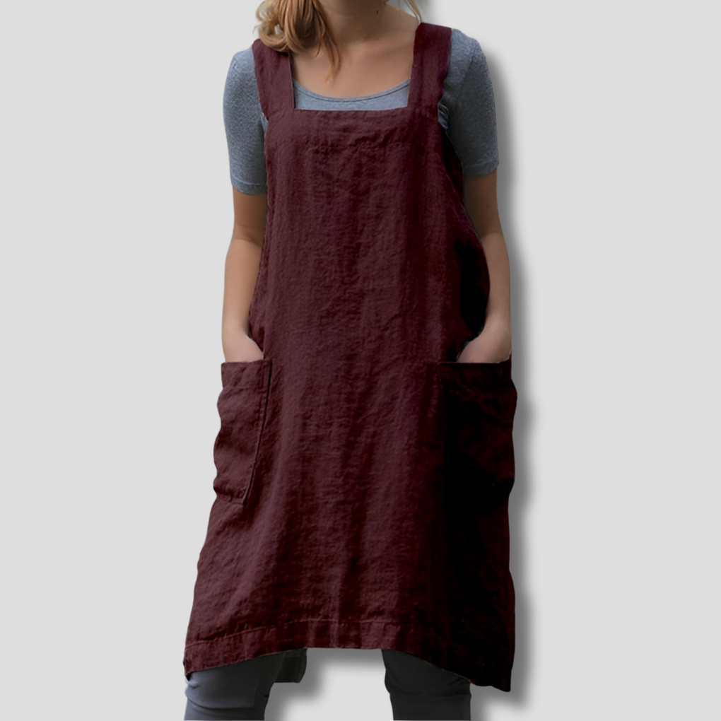 Cotton Linen Apron Style Dress with Pockets for Women