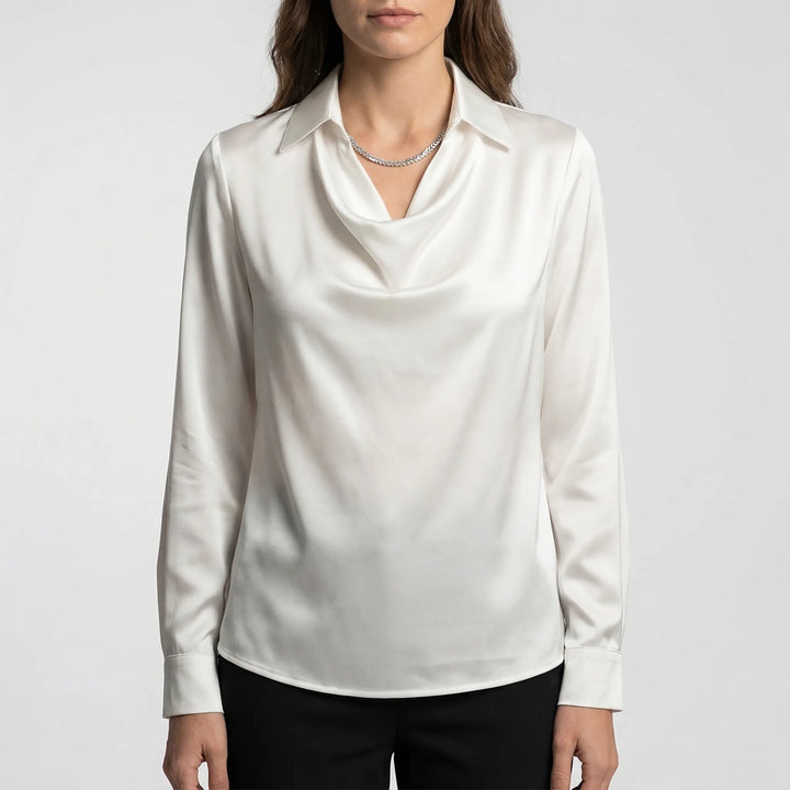 Satinova - Draped Cowl Collar Long Sleeve Blouse