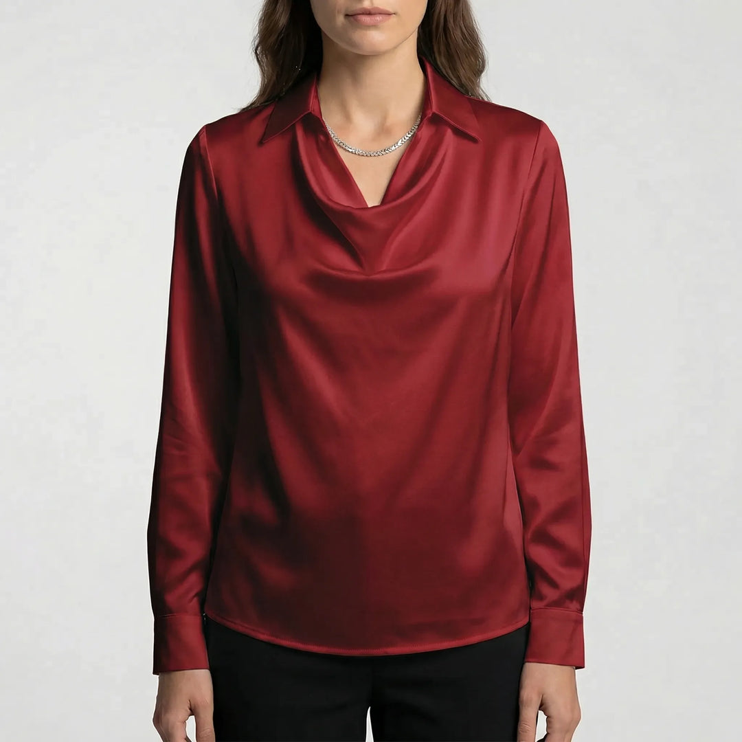 Satinova - Draped Cowl Collar Long Sleeve Blouse