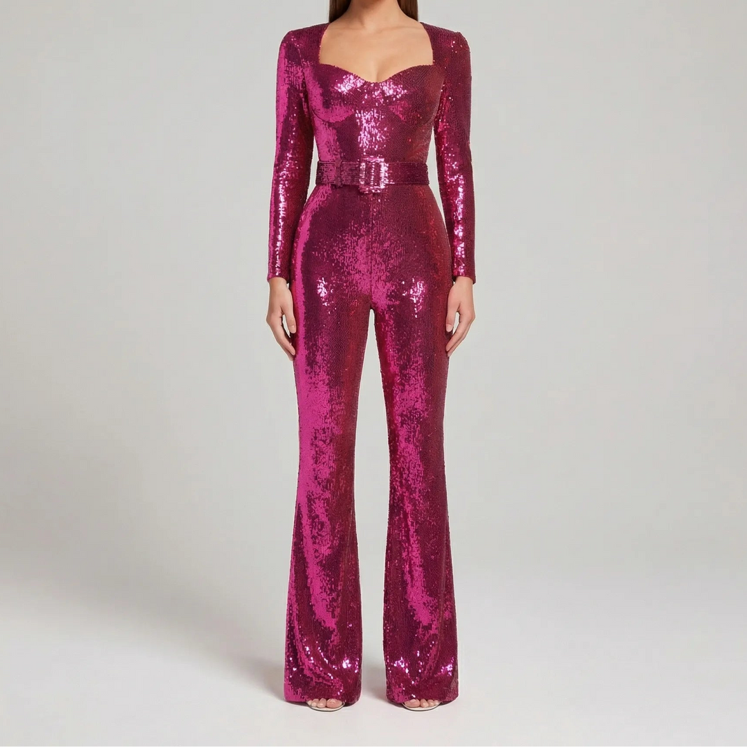 Sequinelle - Long Sleeve Sequin Flare Jumpsuit