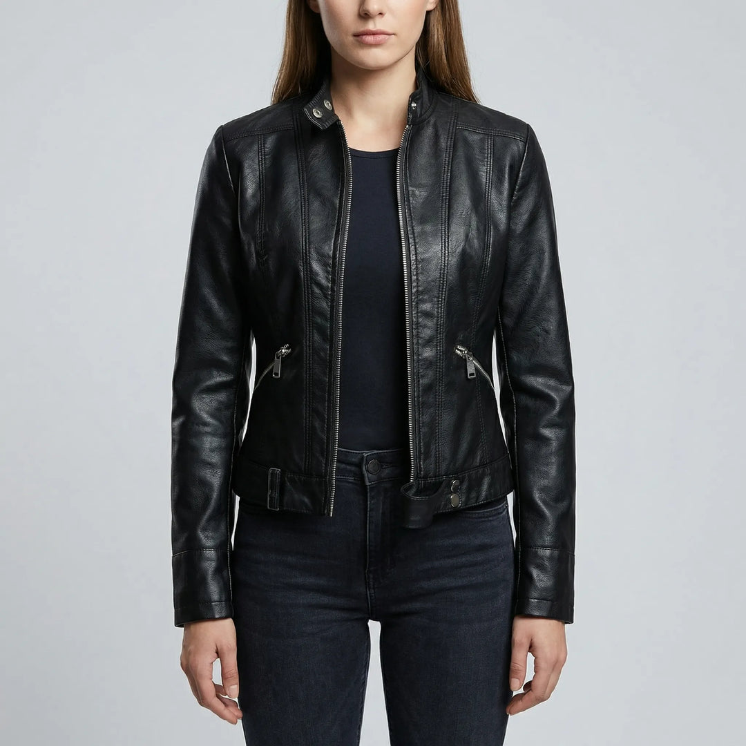 Zephirra - Stand Collar Zip-Front Biker Jacket