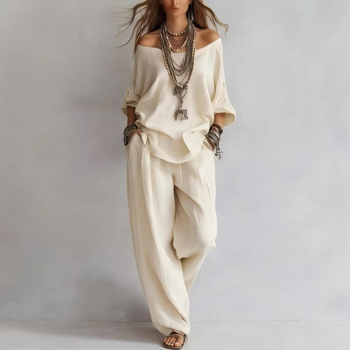 Off-shouder Suits Fashion Three-quarter Sleeves Top And Loose Pockets Wide-Leg Pants Set Women&amp;