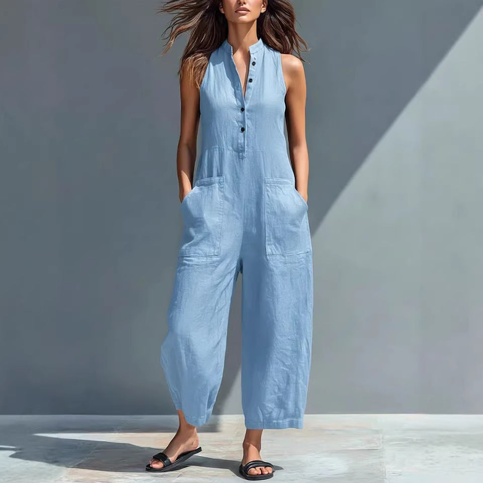 Summer Sleeveless Jumpsuit With Pockets Fashion Casual V-Neck Buttons Trousers Women&amp;