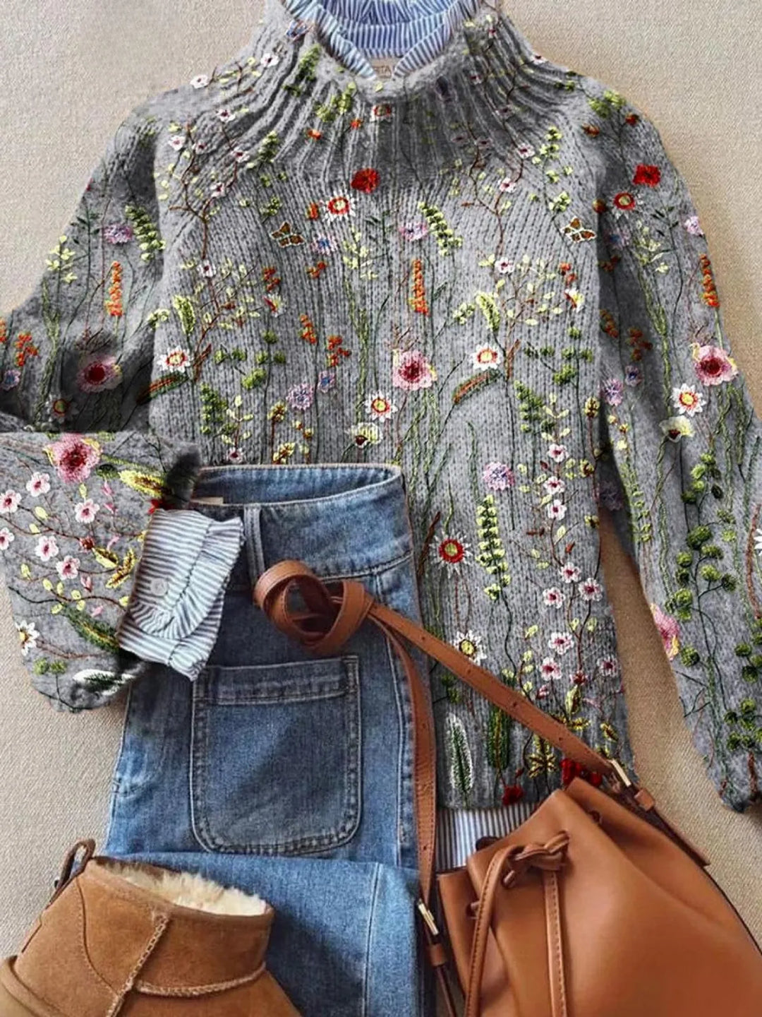 Abigail Women's Floral Ribbed Knit Crew Neck Sweater