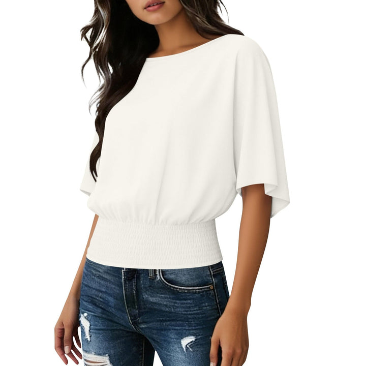 Solid Color Stylish Relaxed Fit Slightly Casual Short Sleeve T-shirt With A Round Neckline And Ruffled Hem