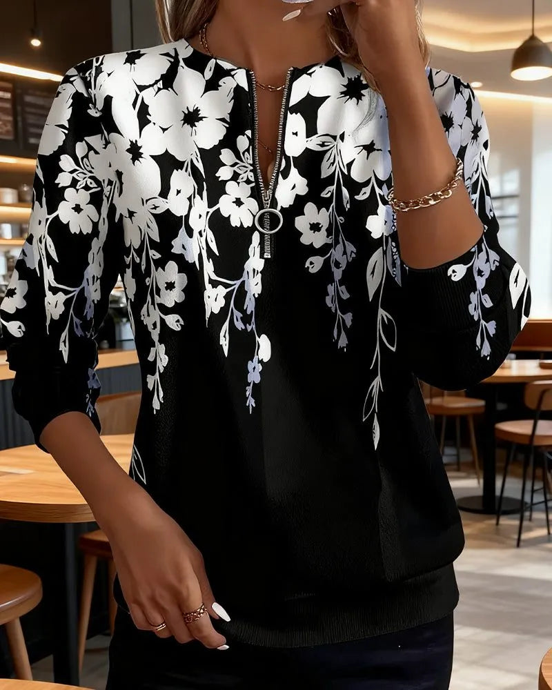 Anali Women's Floral Half-Zip Crew Neck Sweatshirt