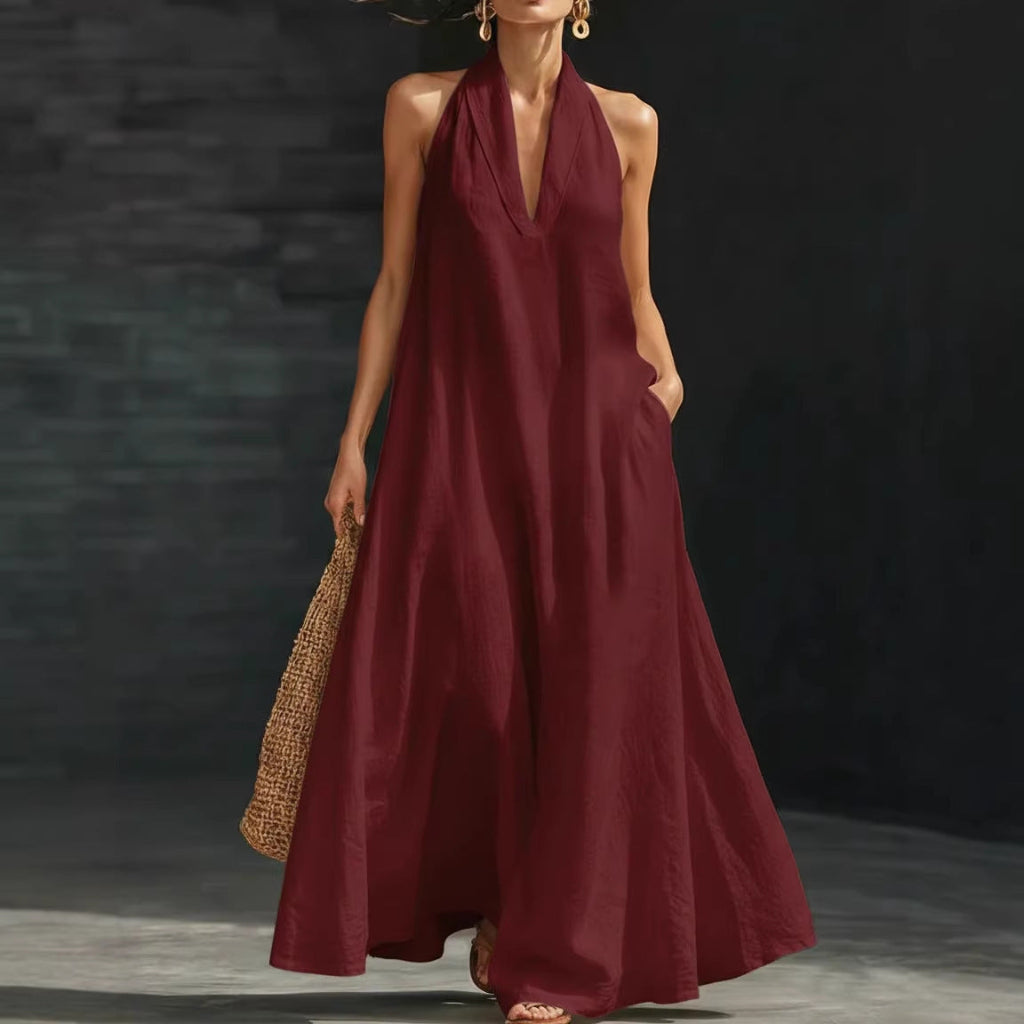 Casual V-neck Dress Halter Style Long Dress For Women&