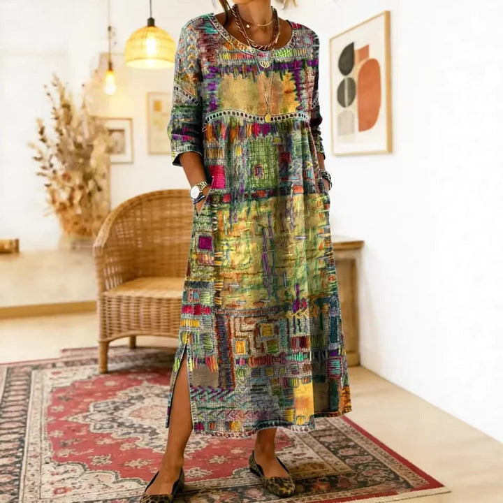 3D-printed Pattern Pocketed Crew-neck Dress