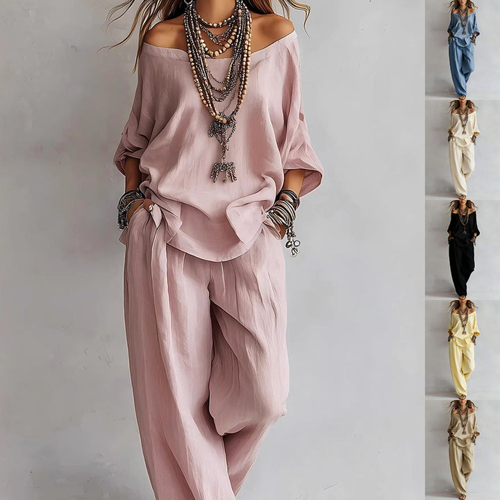 Off-shouder Suits Fashion Three-quarter Sleeves Top And Loose Pockets Wide-Leg Pants Set Women&amp;