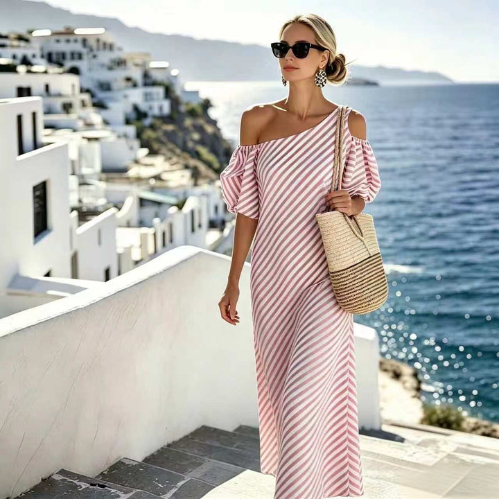 Elegant Striped Off-shoulder Beach Dress For Women