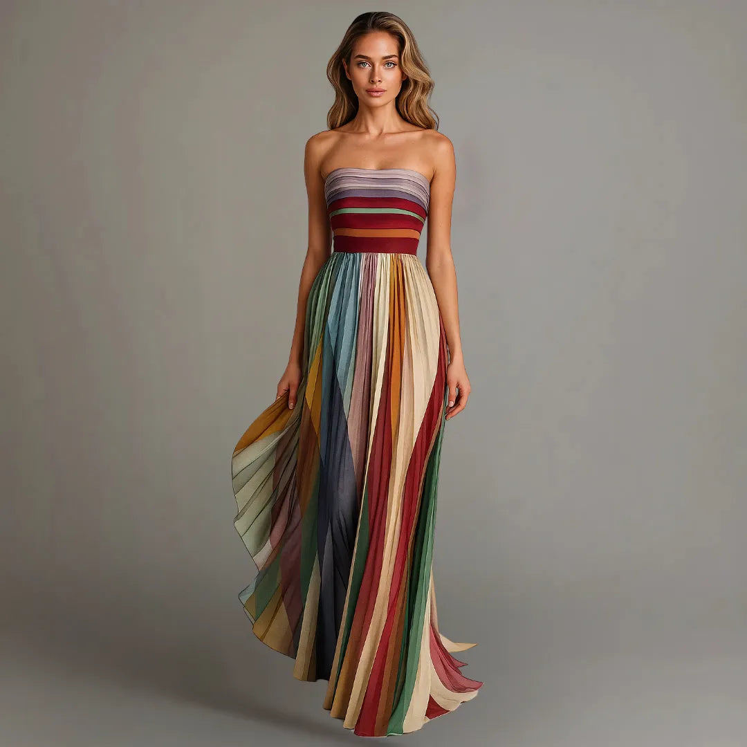 Cesca Women's Strapless Striped Pleated Maxi Dress