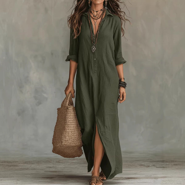 Long-sleeve Maxi Dress Casual Solid Color Lapel Collar Side Slit Beach Dresses Women&