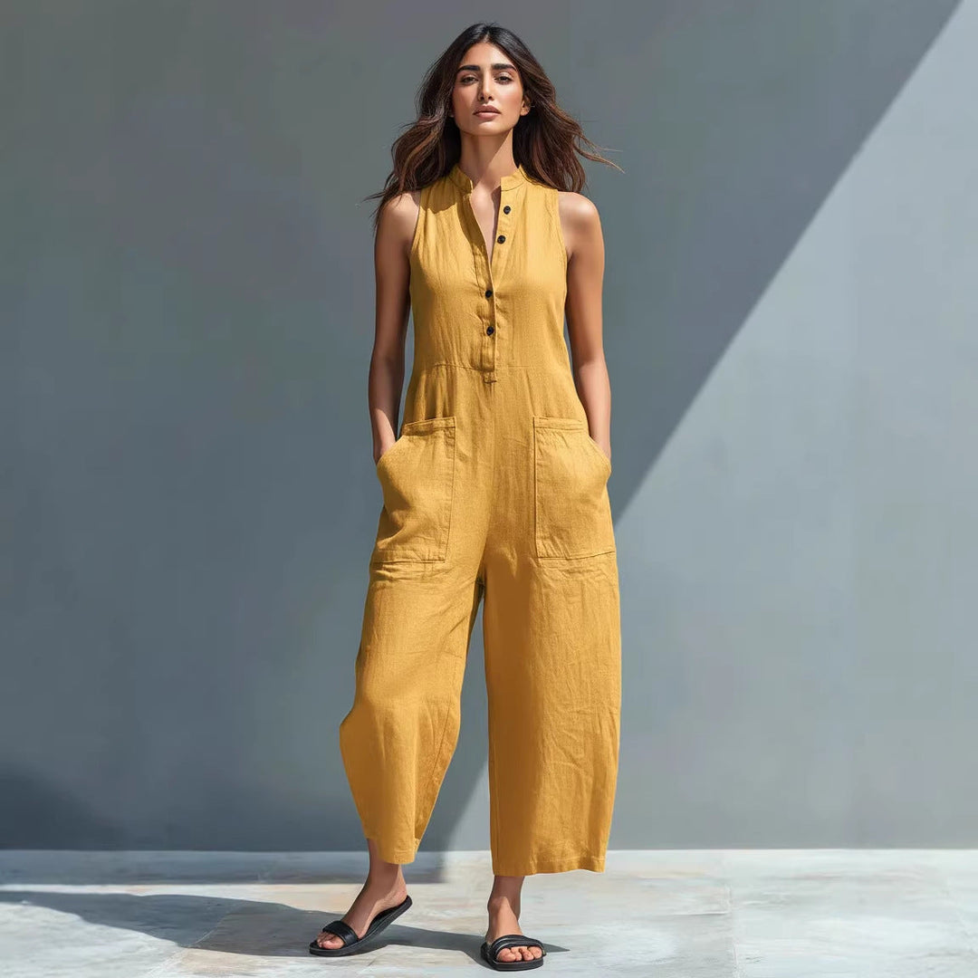 Summer Sleeveless Jumpsuit With Pockets Fashion Casual V-Neck Buttons Trousers Women&amp;