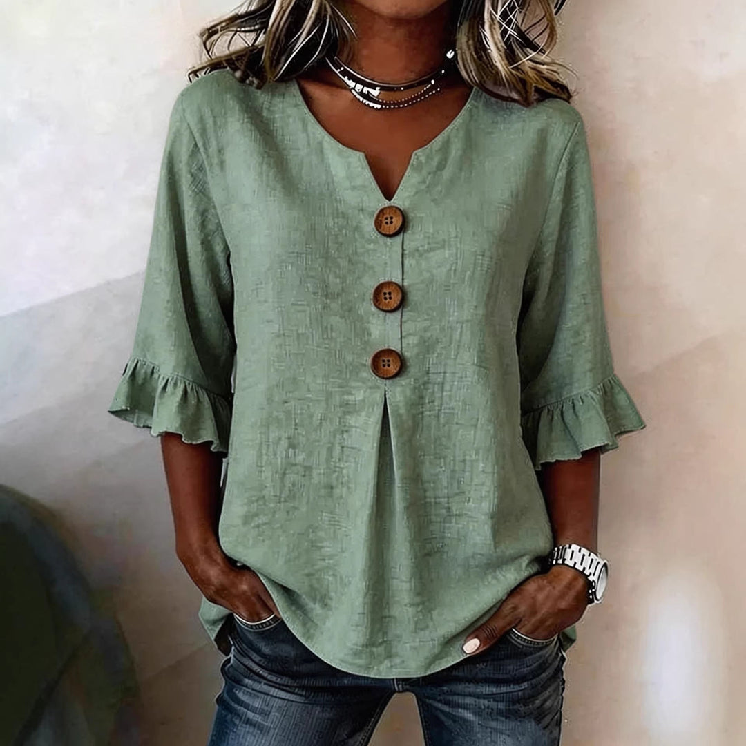 Summer Ruffled-Sleeve Top Loose Casual V-Neck Buttons Short-sleeved Shirts Women&amp;