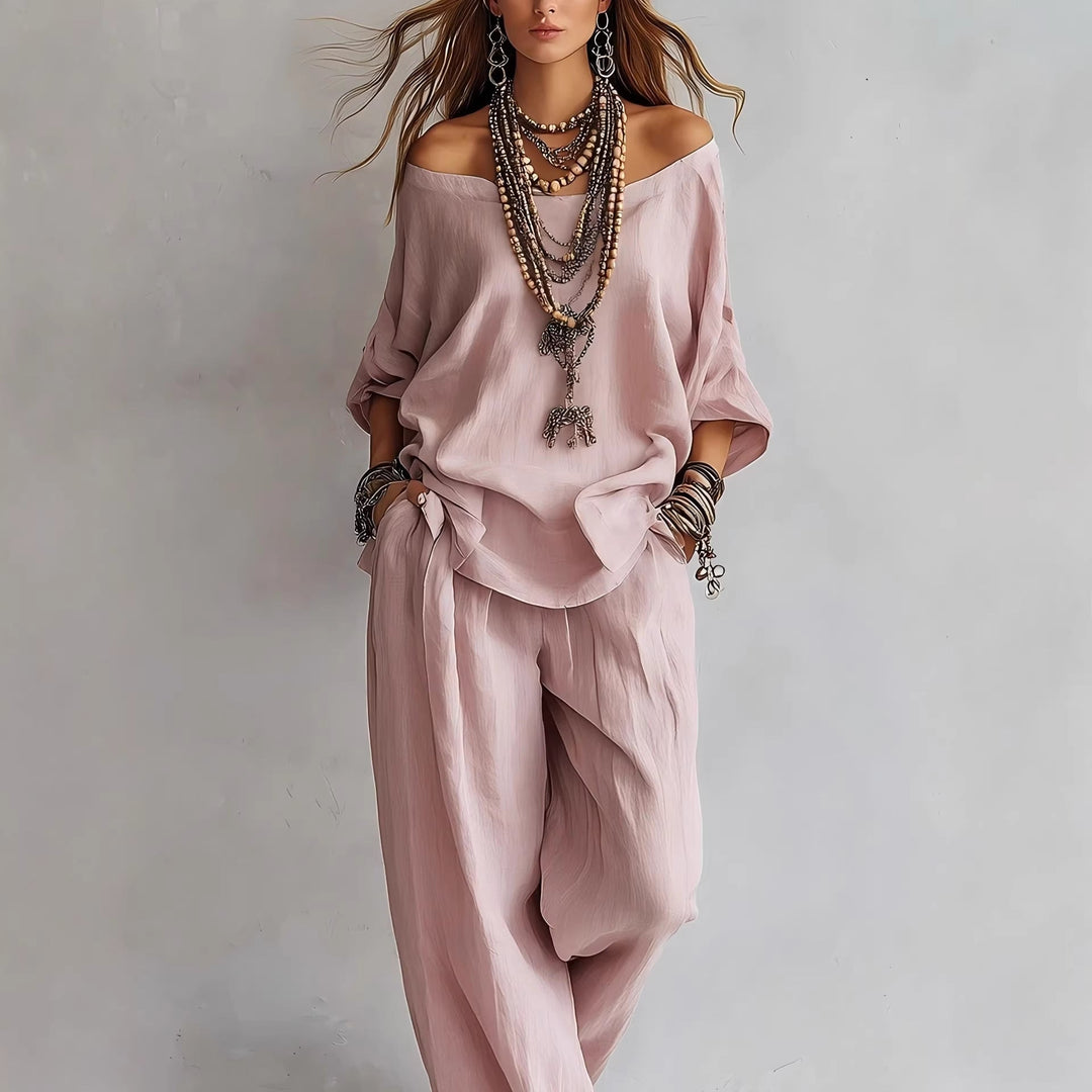 Off-shouder Suits Fashion Three-quarter Sleeves Top And Loose Pockets Wide-Leg Pants Set Women&amp;