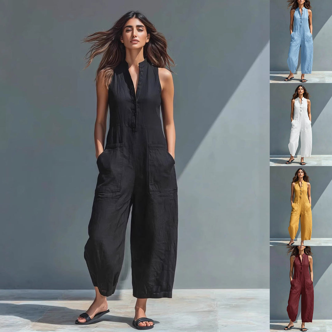 Summer Sleeveless Jumpsuit With Pockets Fashion Casual V-Neck Buttons Trousers Women&amp;
