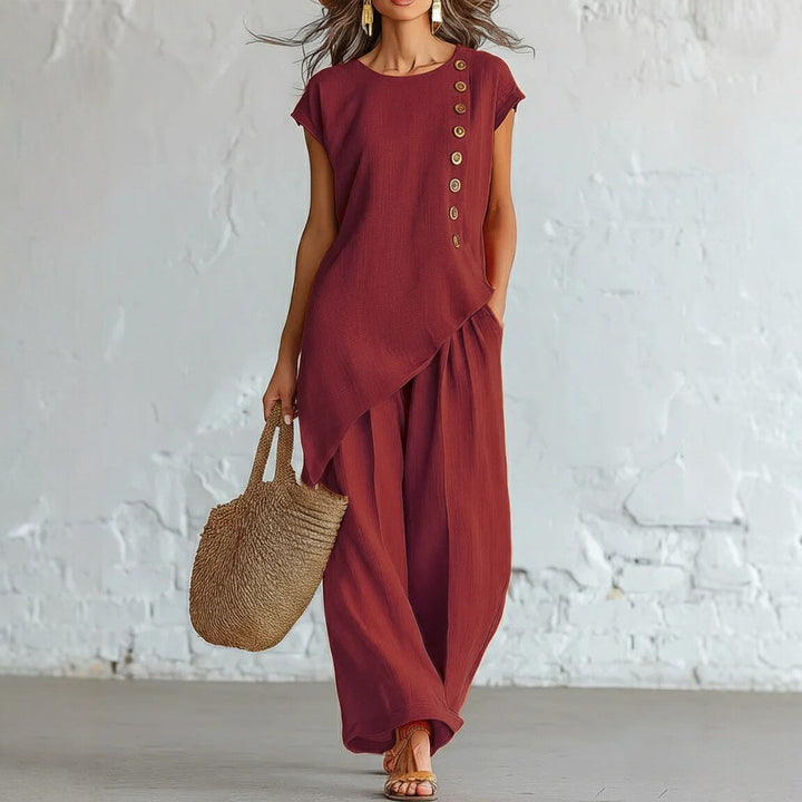 Womens Solid-Color Crew-Neck Buttoned Short-Sleeve Wide-Leg Pants Set