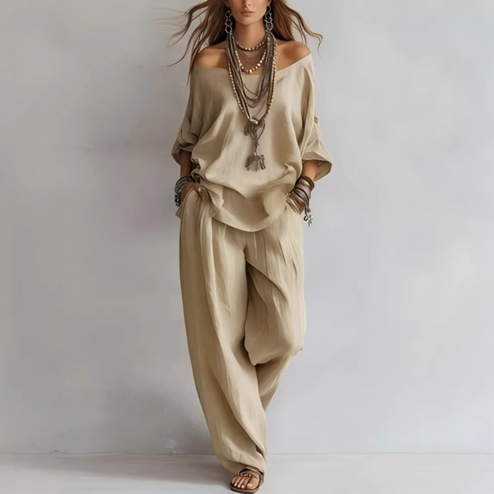 Off-shouder Suits Fashion Three-quarter Sleeves Top And Loose Pockets Wide-Leg Pants Set Women&amp;