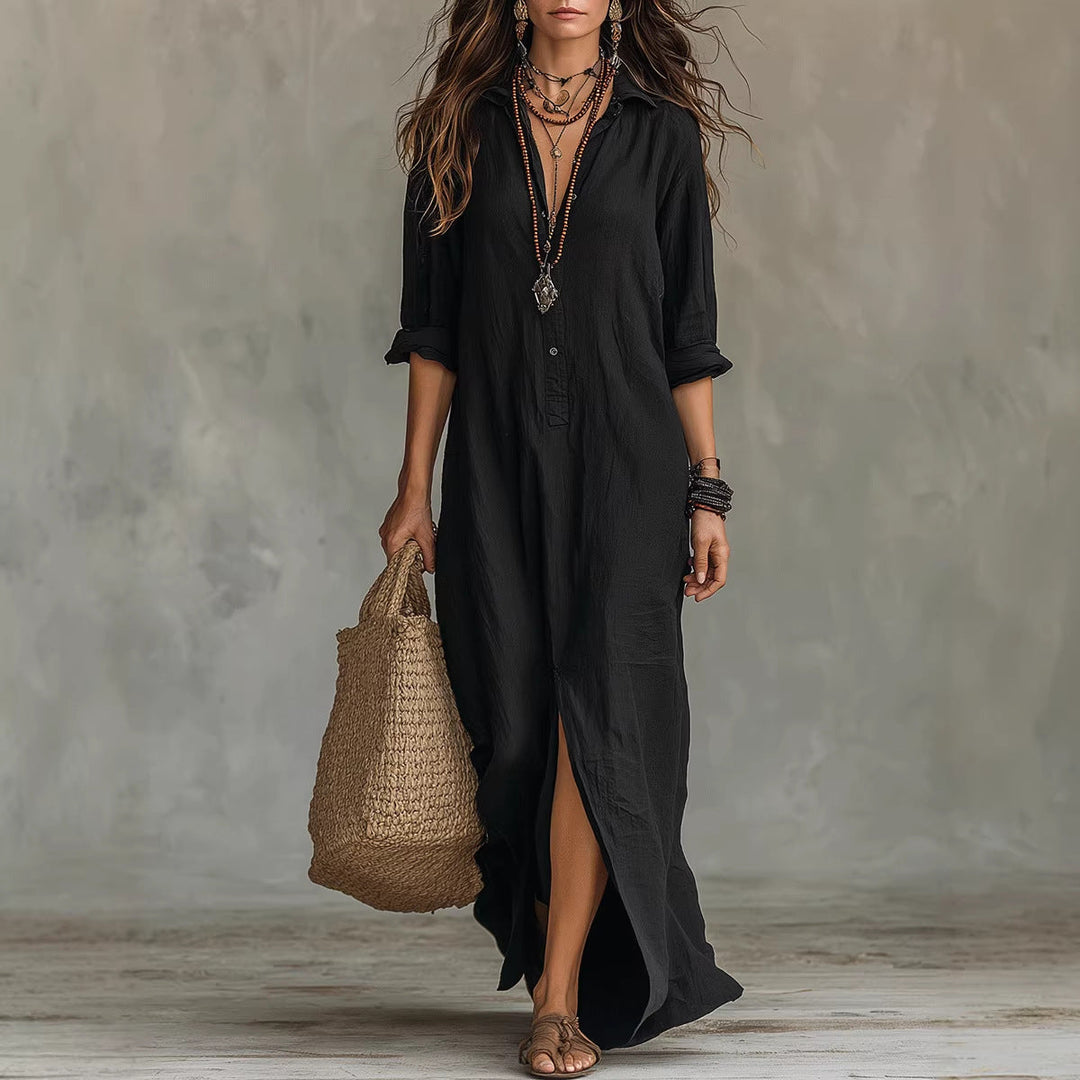 Long-sleeve Maxi Dress Casual Solid Color Lapel Collar Side Slit Beach Dresses Women&