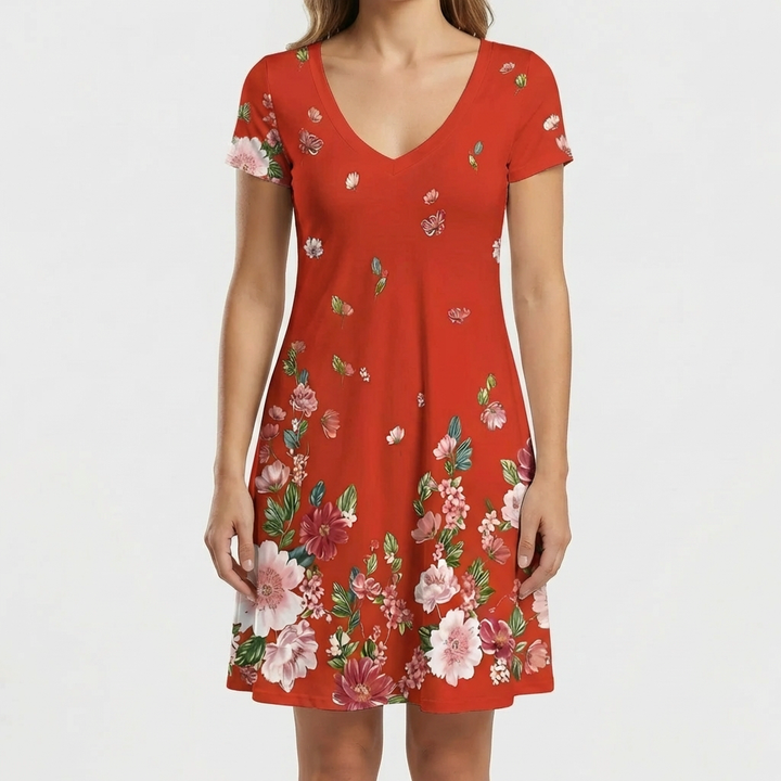 V-Neck Floral Short-Sleeve Dress