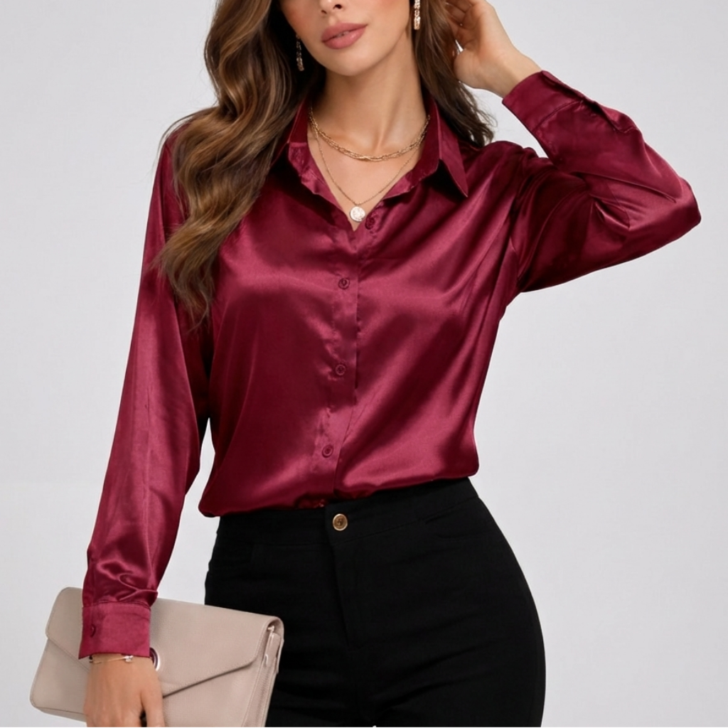 Women's Satin Loose Fit Long Sleeve Blouse