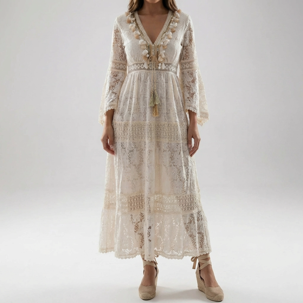 Lace Maxi Dress With Flared Sleeves