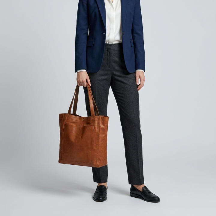 Structured Leather Shoulder Tote Bag