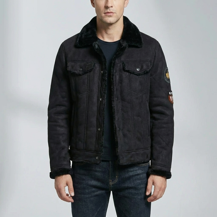 Suede-Finish Moto Jacket With Fleece Lining
