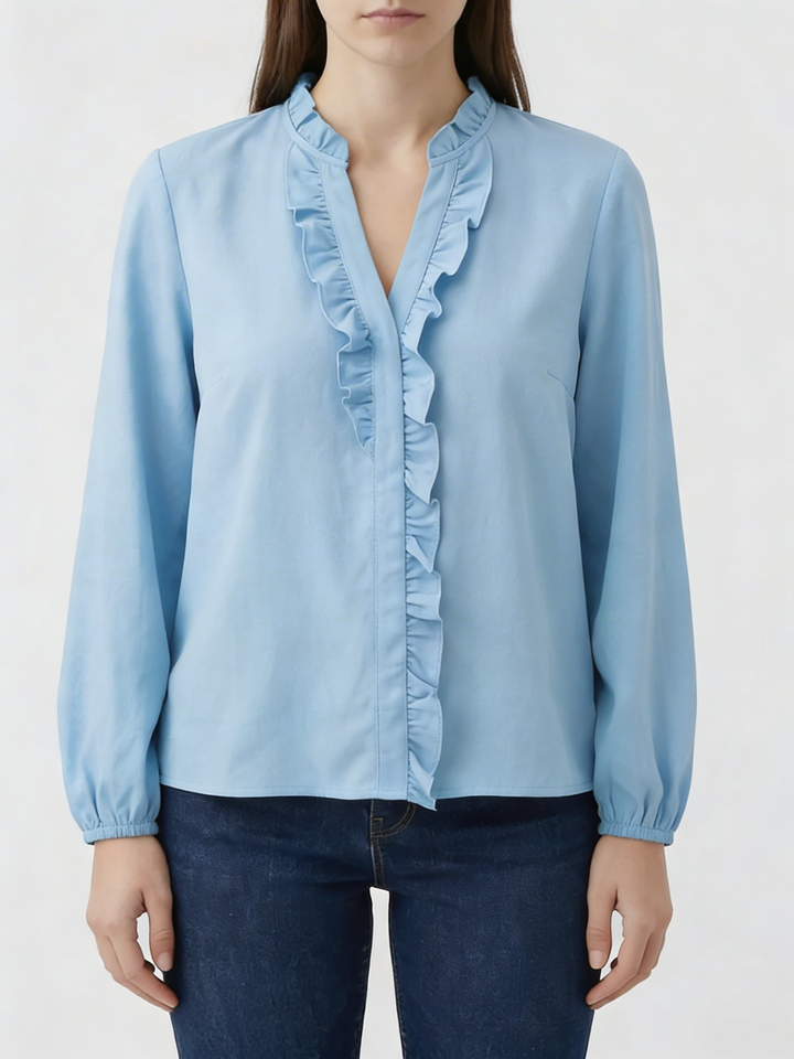 Ruffled V-Neck Long Sleeve Blouse