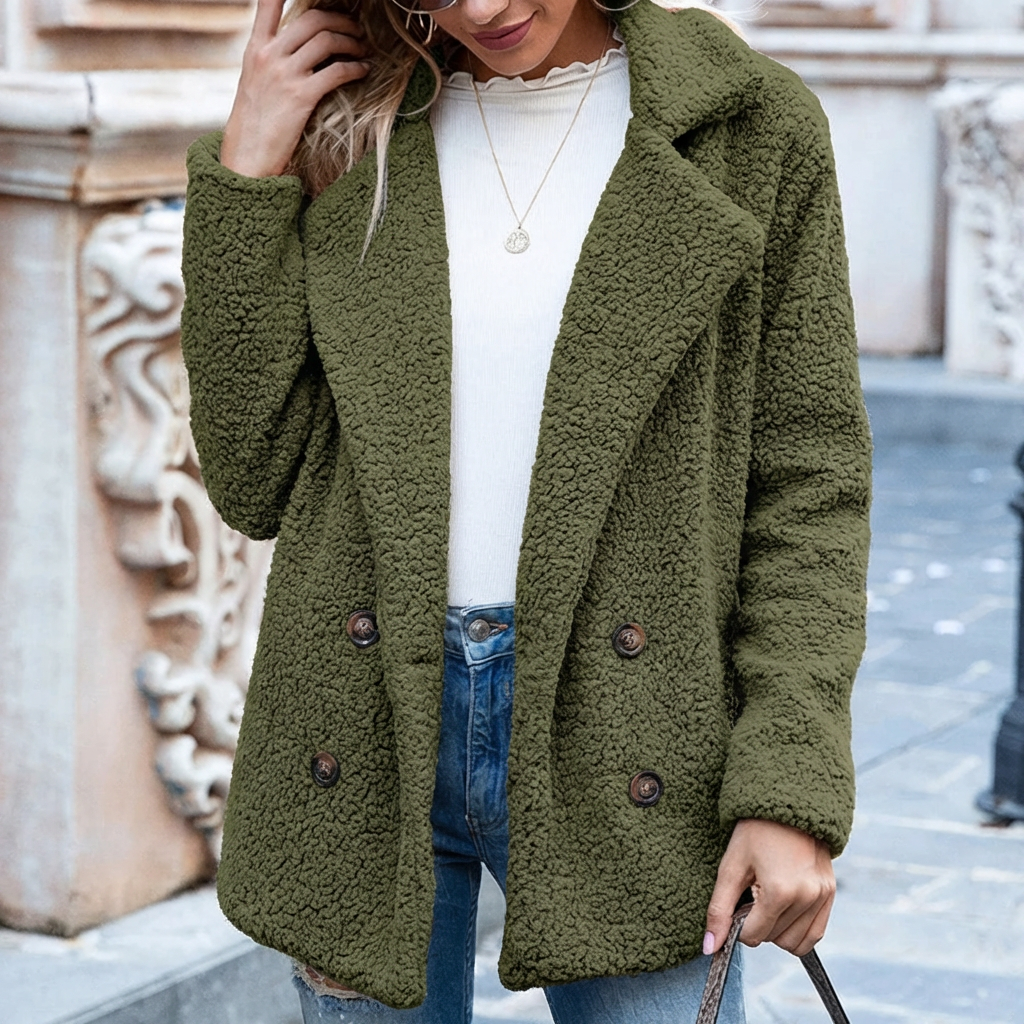 Double-Breasted Buttons - Mid-Length Coat for Women