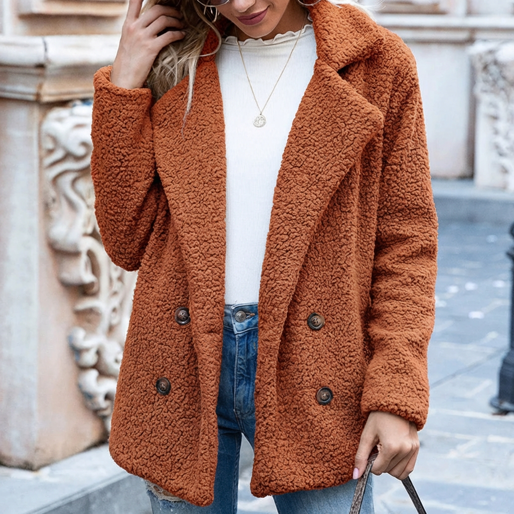 Double-Breasted Buttons - Mid-Length Coat for Women