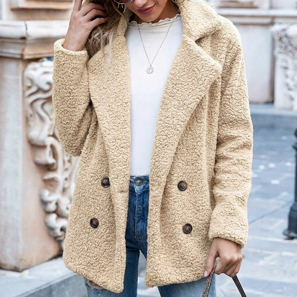 Double-Breasted Buttons - Mid-Length Coat for Women