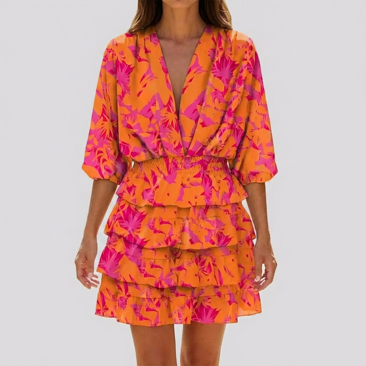 V-Neck Mini Dress with Geometric Print for Women