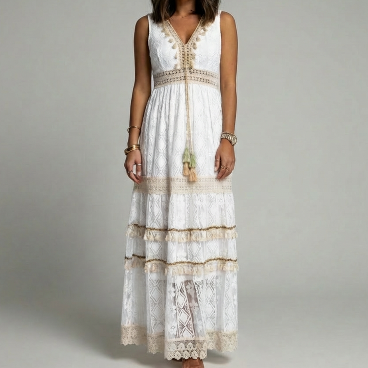 Bohemian Maxi Dress with Lace and Flared Sleeves for Women