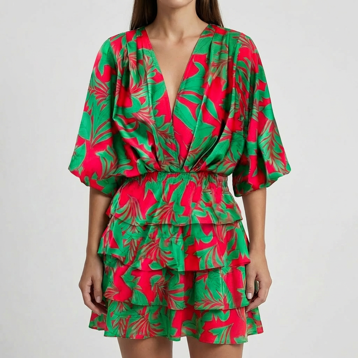 Deep V-Neck Batwing Sleeve Mini Dress