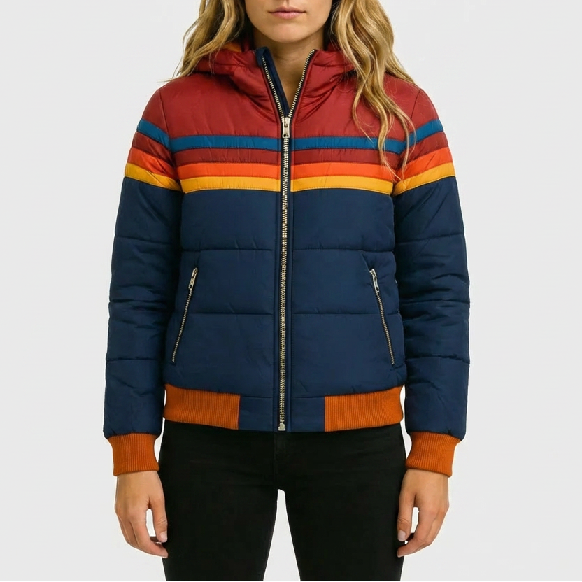 Hooded Retro Striped Puffer Jacket for Women