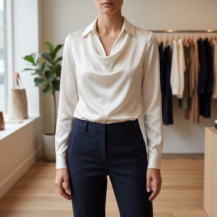 Long-Sleeve Waterfall Collar Blouse