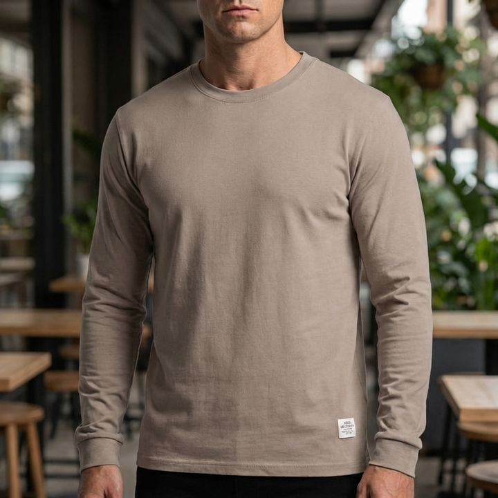 Men's Cotton Long-Sleeved Shirt with Round Neck