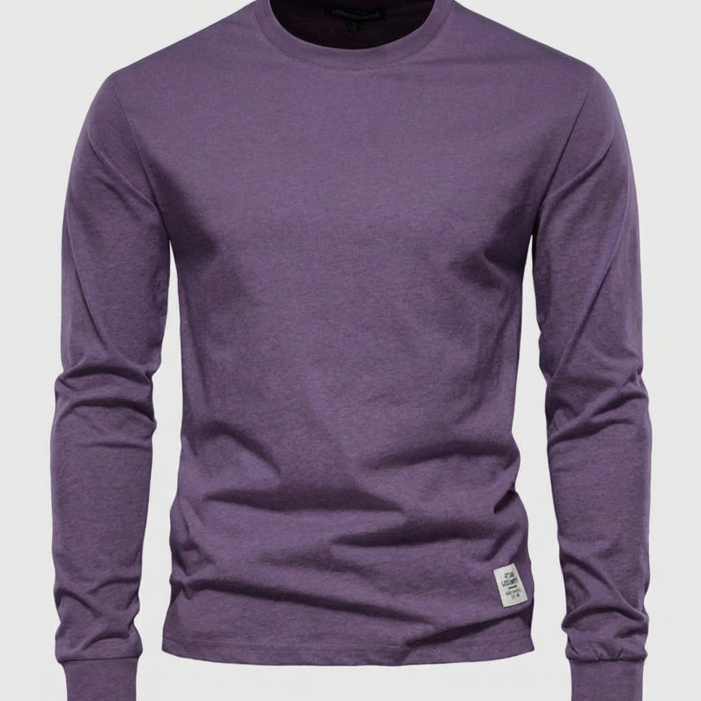 Men's Cotton Long-Sleeved Shirt with Round Neck
