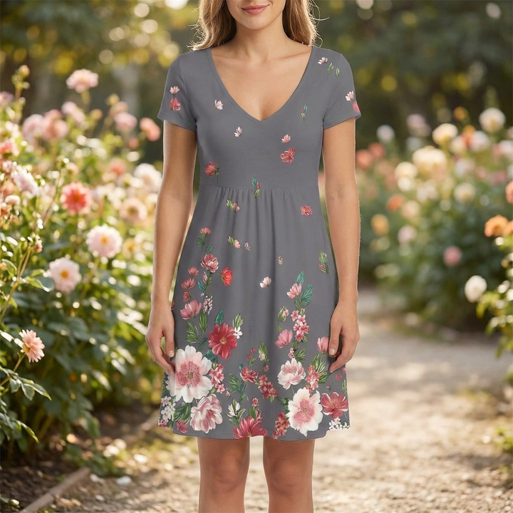 V-Neck Floral Short-Sleeve Dress