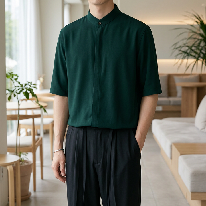 Long‑Sleeve Mandarin Collar Shirt for Men
