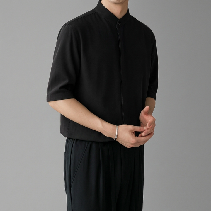 Long‑Sleeve Mandarin Collar Shirt for Men