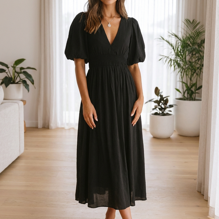 Women’s V Neck Midi Dress with Elastic Waist