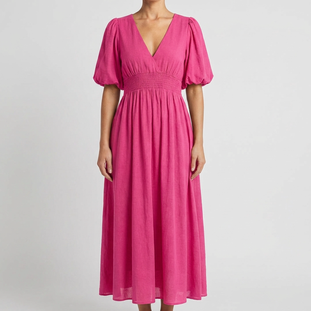 Women’s V Neck Midi Dress with Elastic Waist