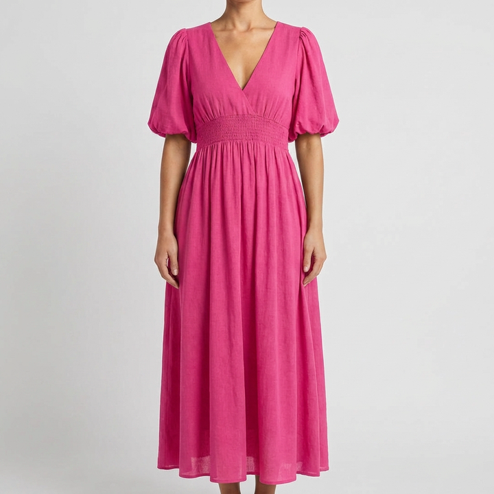 Women’s V Neck Midi Dress with Elastic Waist